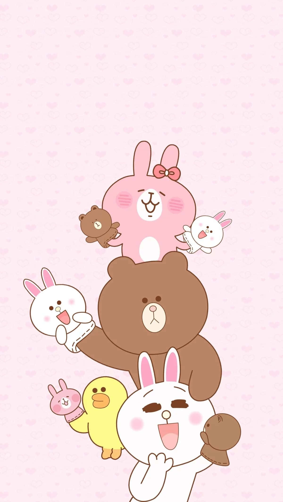 Cute Animated 桌布 壁紙 — 一堆歡樂的卡通動物，包括粉紅兔、棕熊和白兔，在粉紅心形圖案背景上。
