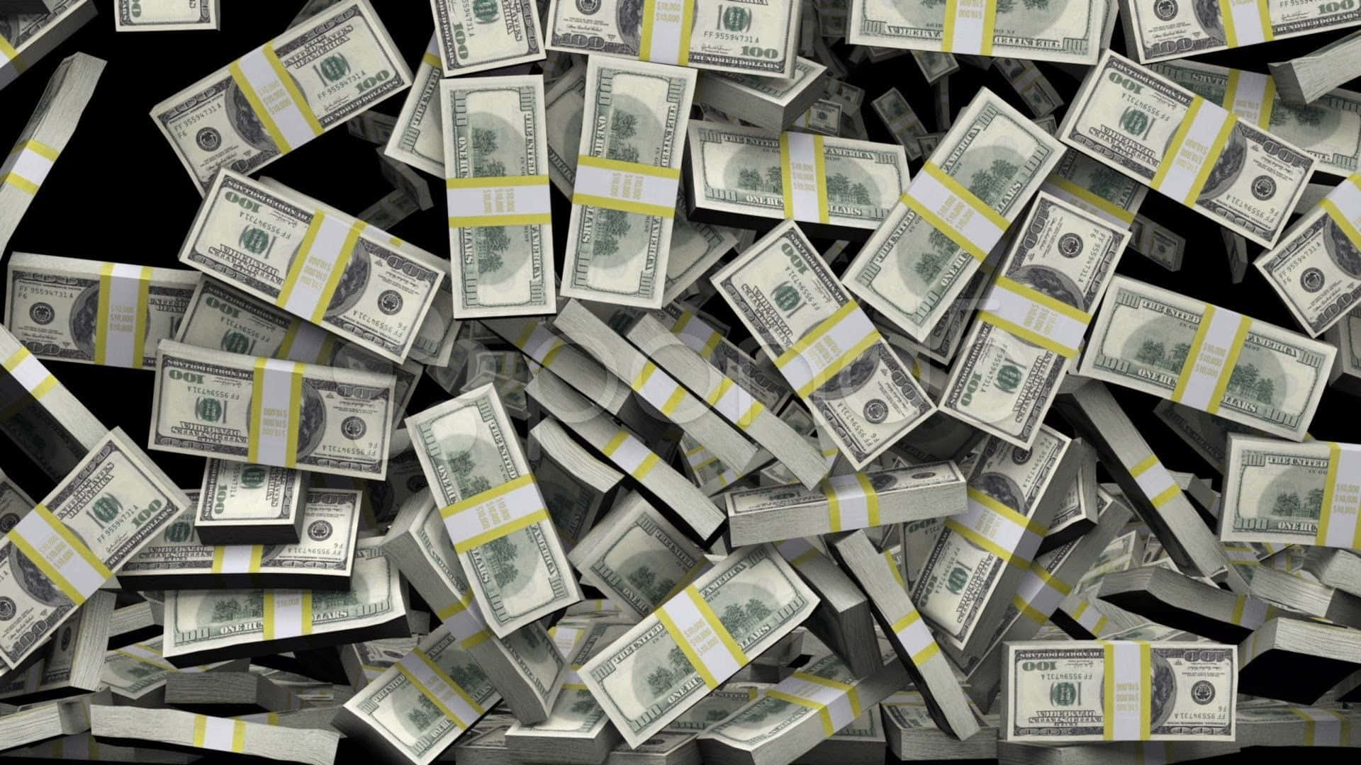 Money Motivation 桌布 壁紙 — 一堆混亂的捆綁100美元美鈔散落在黑色背景上。