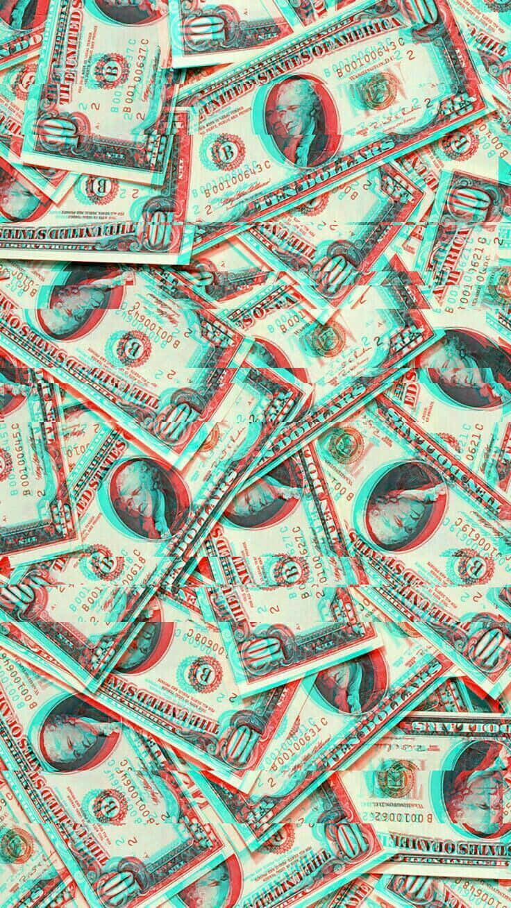 dollar 桌布 壁紙 — 一堆混亂重疊的100美元鈔票，帶有強烈的青色-洋紅色濾鏡。