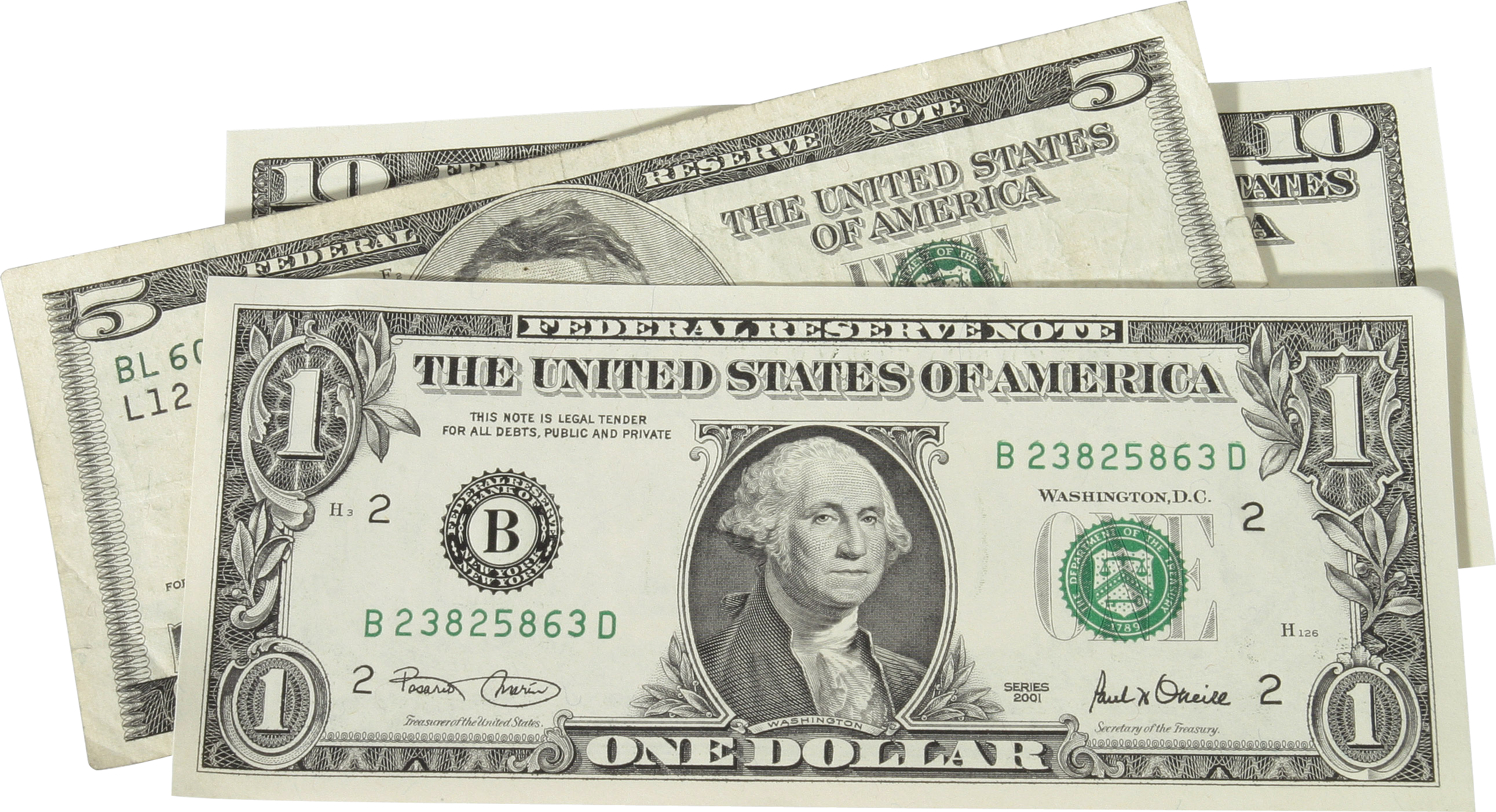 Dollars 桌布 壁紙 — 一堆清脆的美國一美元和五美元紙幣，以扇形展開在乾淨的白色背景上。