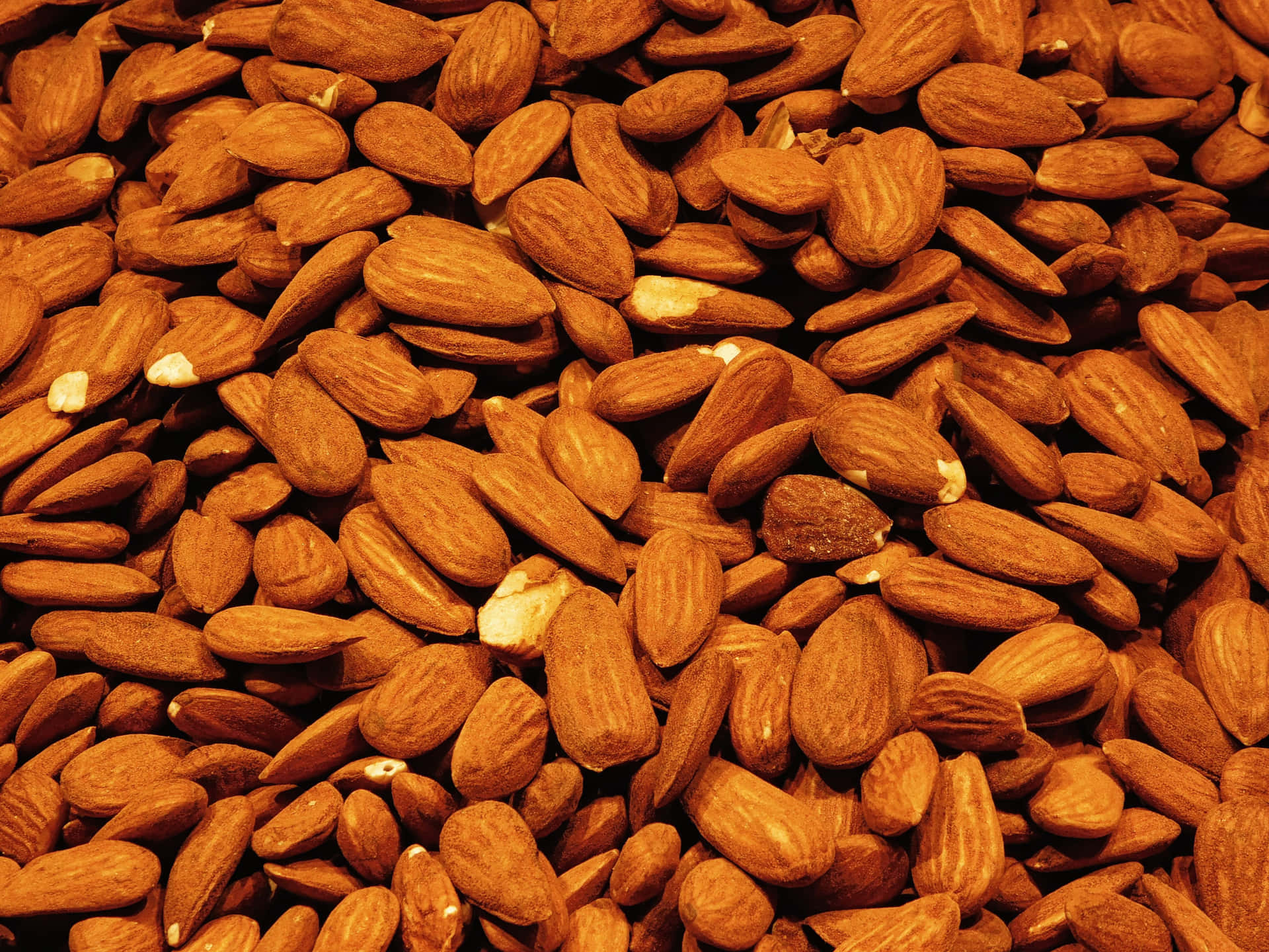 Almonds 壁紙 — 一堆烤杏仁的特寫，帶有溫暖的棕色色調和可見的紋理。