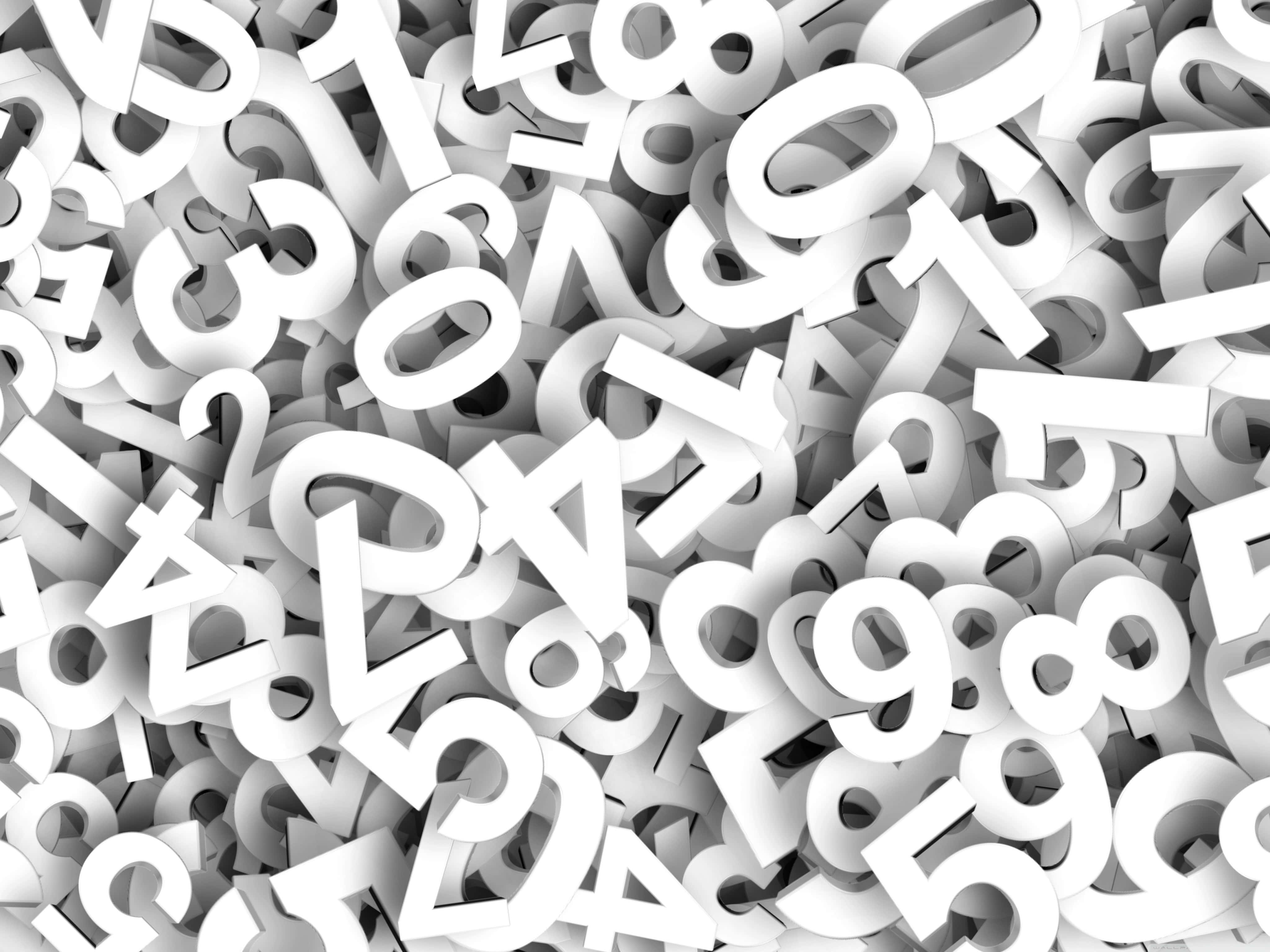 Tiles 桌布 壁紙 — 一堆白色3D渲染的數字和字母，以灰階散落，帶有柔和陰影，混亂不堪。