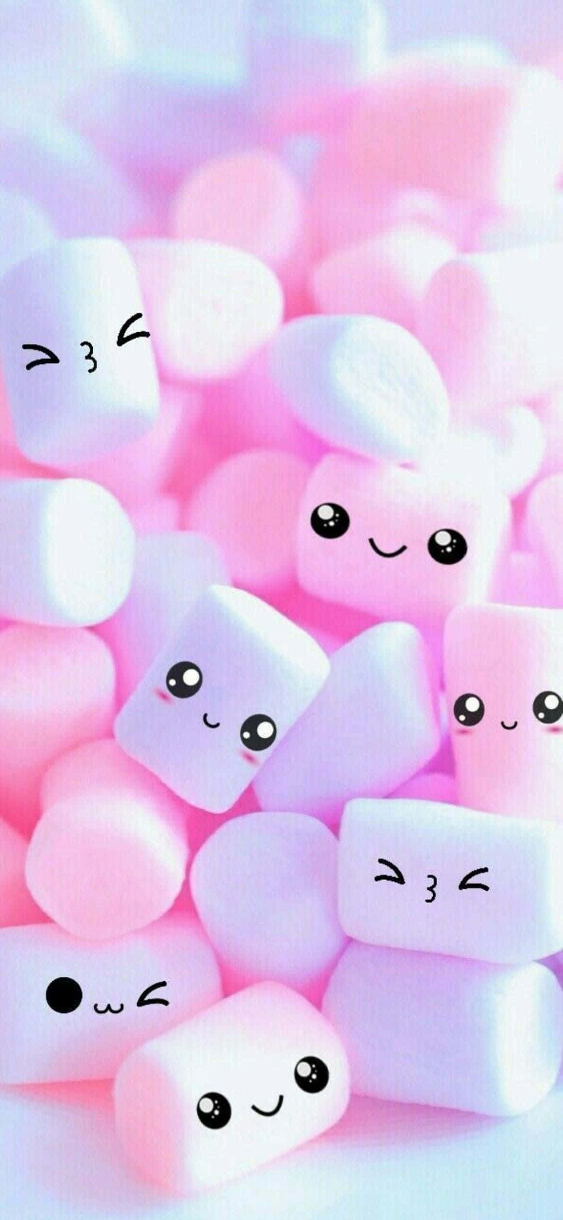 Awesome Cute 桌布 壁紙 — 一堆粉紅色和白色的棉花糖，上面有可愛的卡哇伊臉孔在微笑和眨眼。
