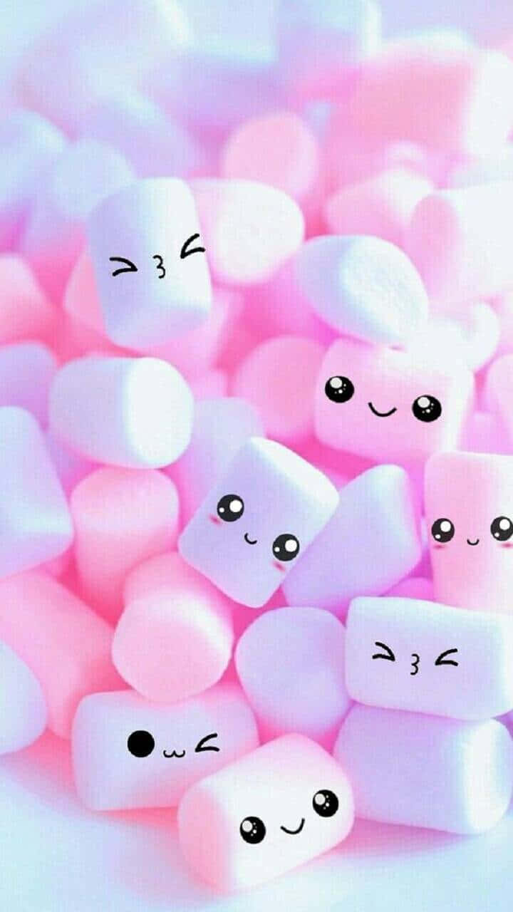 Whatsapp Dp 桌布 壁紙 — 一堆粉紅色和白色的棉花糖，帶有可愛的手繪臉孔，在柔和粉彩光線中微笑和眨眼。