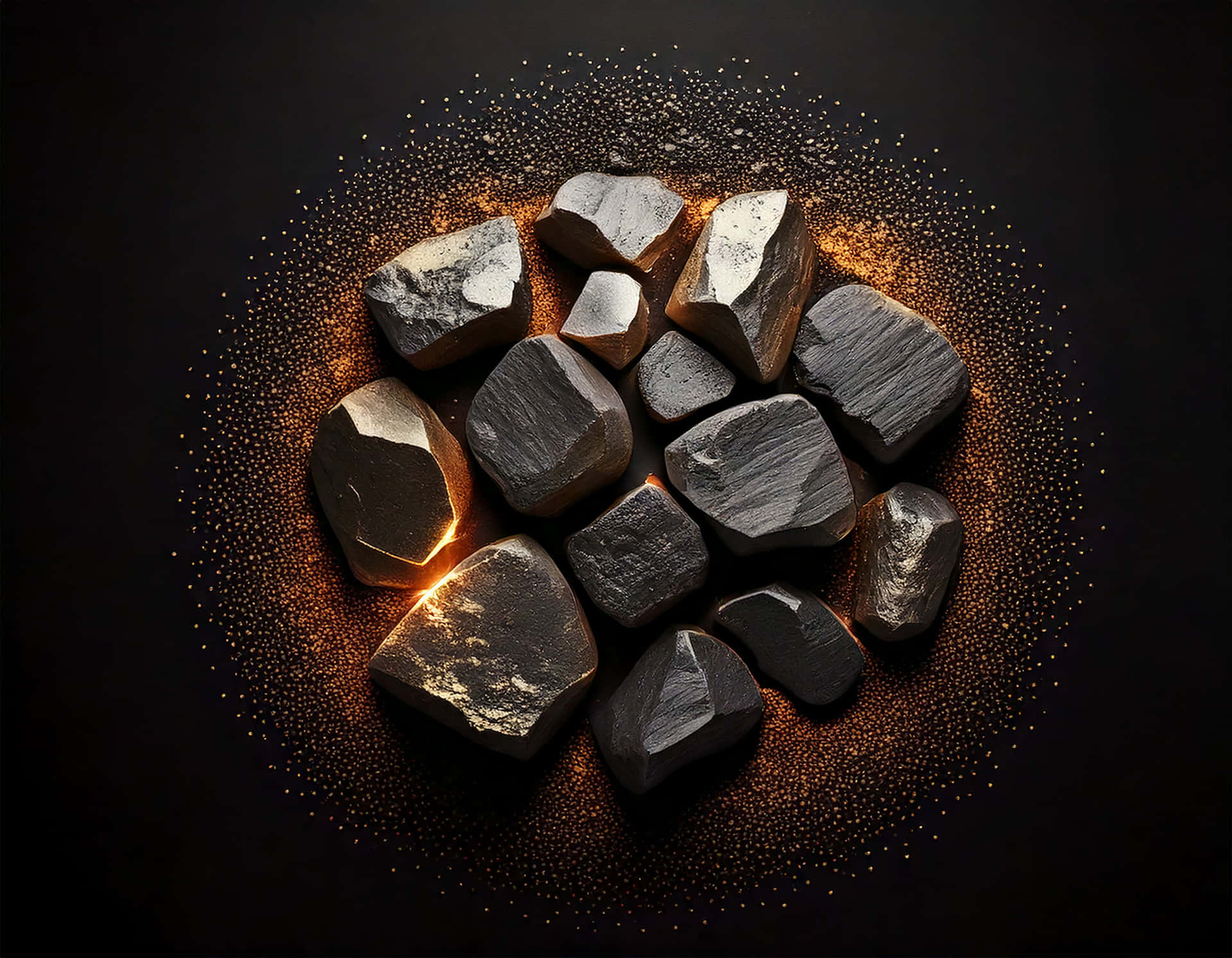 Coal Pieces 壁紙 — 一堆粗糙的黑色石頭在黑暗背景中散發出溫暖的金色光芒，並伴有散落的發光粒子。