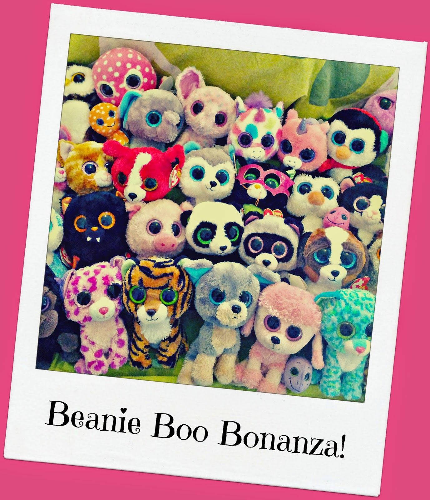Beanie 桌布 壁紙 — 一堆色彩繽紛的Beanie Boo毛絨玩具，擁有超大眼睛和各種圖案，排列在拍立得相框內。