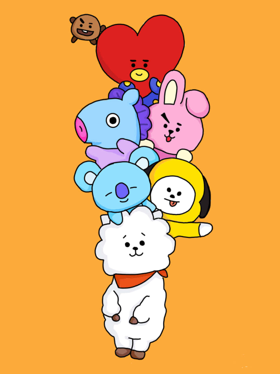 BT21 桌布 壁紙 — 一堆色彩繽紛的BT21卡通角色高高堆疊在純橙色背景上。