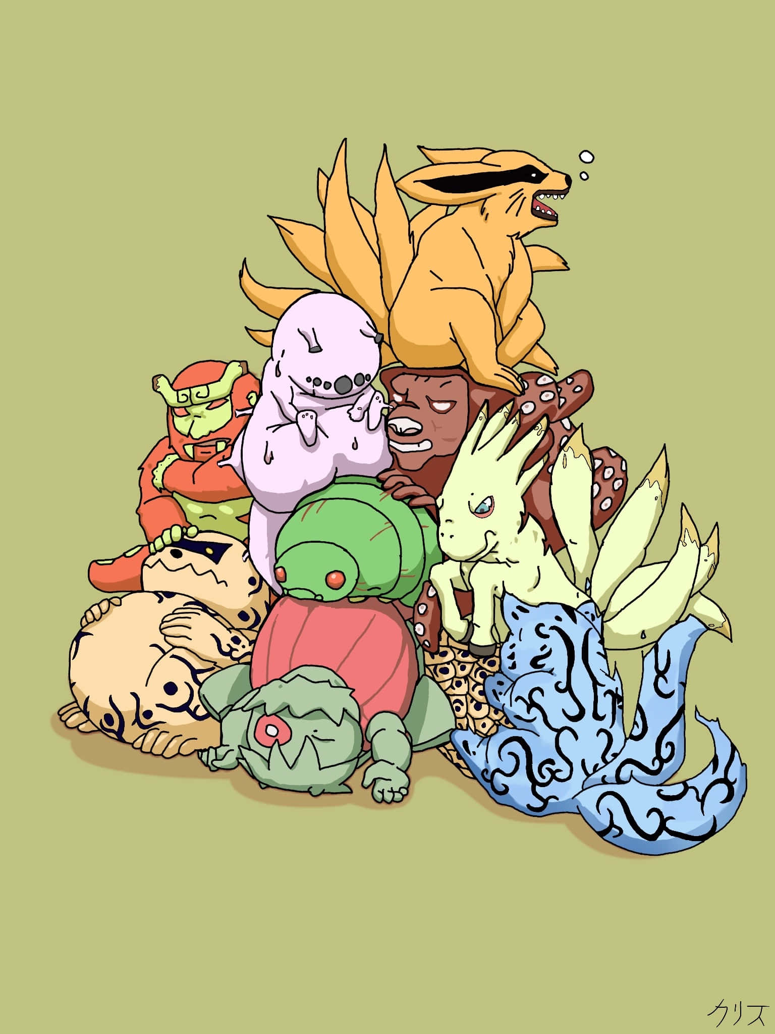 Tailed Beasts 桌布 壁紙 — 一堆色彩繽紛的動漫風格寶可夢角色堆疊在純橄欖色背景上。