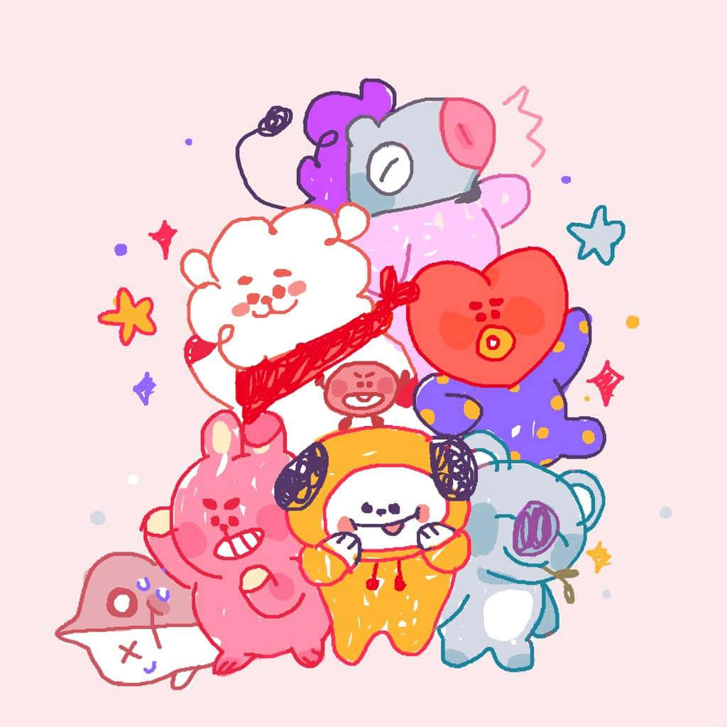 BT21 桌布 壁紙 — 一堆色彩繽紛的卡通角色，帶有星星和閃光，襯托在柔和的粉紅色背景上，充滿歡樂。