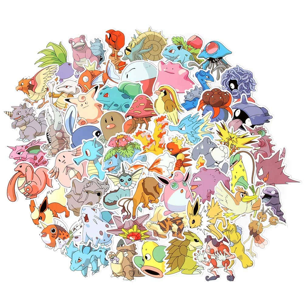Pokemon Stickers 桌布 壁紙 — 一堆色彩繽紛的寶可夢貼紙在純白背景上鬆散地排列成圓形。