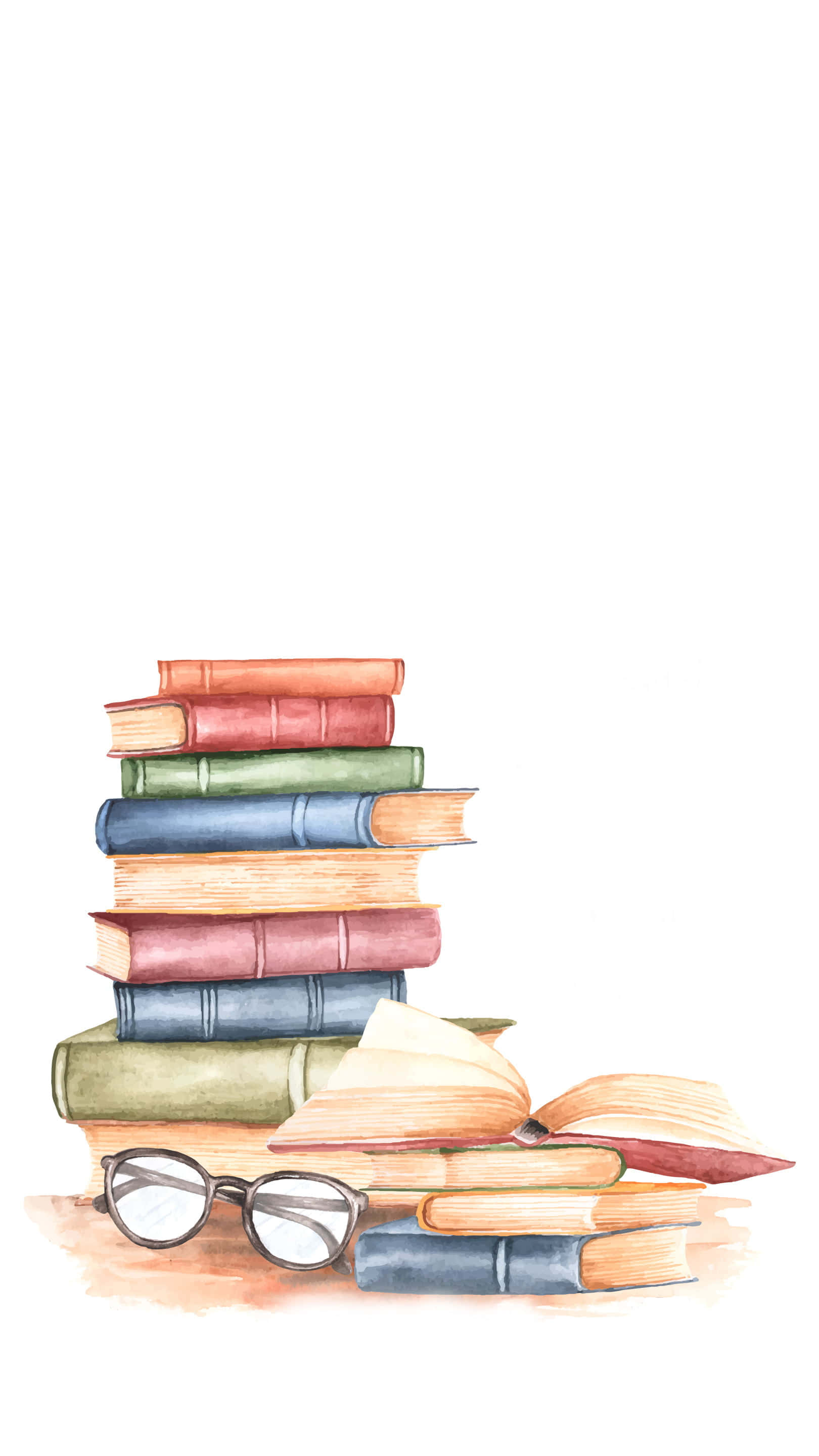 books 桌布 壁紙 — 一堆色彩繽紛的復古書籍水彩畫，底部有一本打開的書和閱讀眼鏡。
