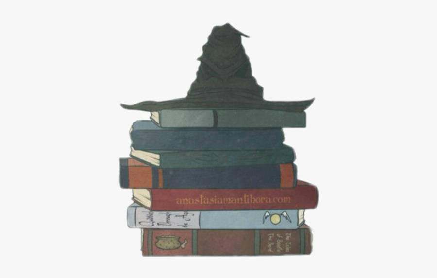 hp aesthetic 桌布 壁紙 — 一堆色彩繽紛的插圖書，上面放著一頂尖頂巫師帽，背景簡潔。