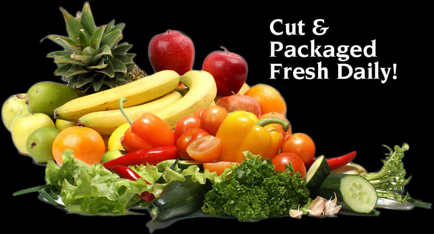 Fruits And Vegetables 桌布 壁紙 — 一堆色彩繽紛的新鮮水果和蔬菜，包括香蕉、蘋果、甜椒和小黃瓜，排列在黑色背景上並附有文字。