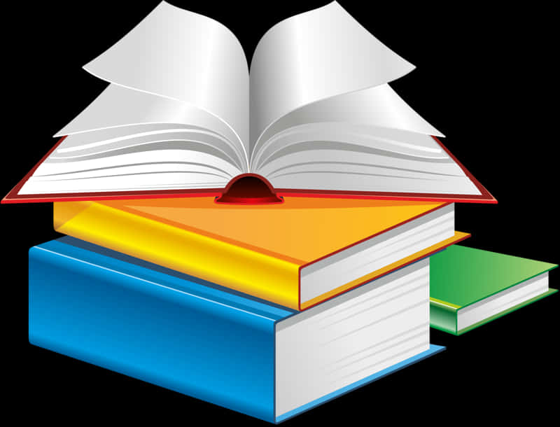 書本 桌布 壁紙 — 一堆色彩繽紛的書籍，頂部有一本打開，背景為黑色。