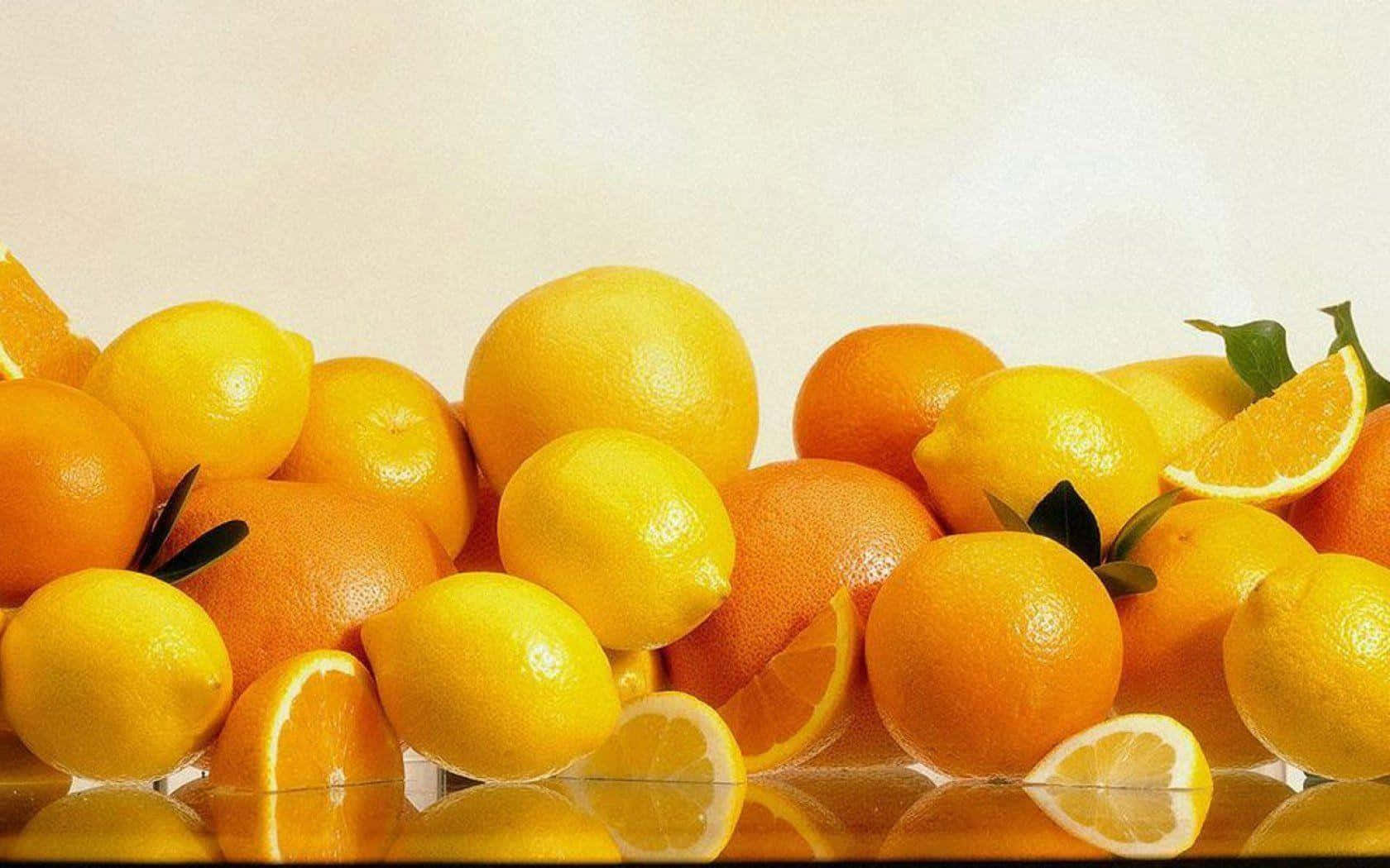 Orange Fruit 桌布 壁紙 — 一堆色彩鮮豔的完整和切片檸檬及柳橙，帶有綠葉，放在反光表面上。