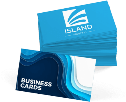 商業 桌布 壁紙 — 一堆藍色名片，帶有波浪設計和 'ISLAND PRINTING' 標誌，背景為黑色。