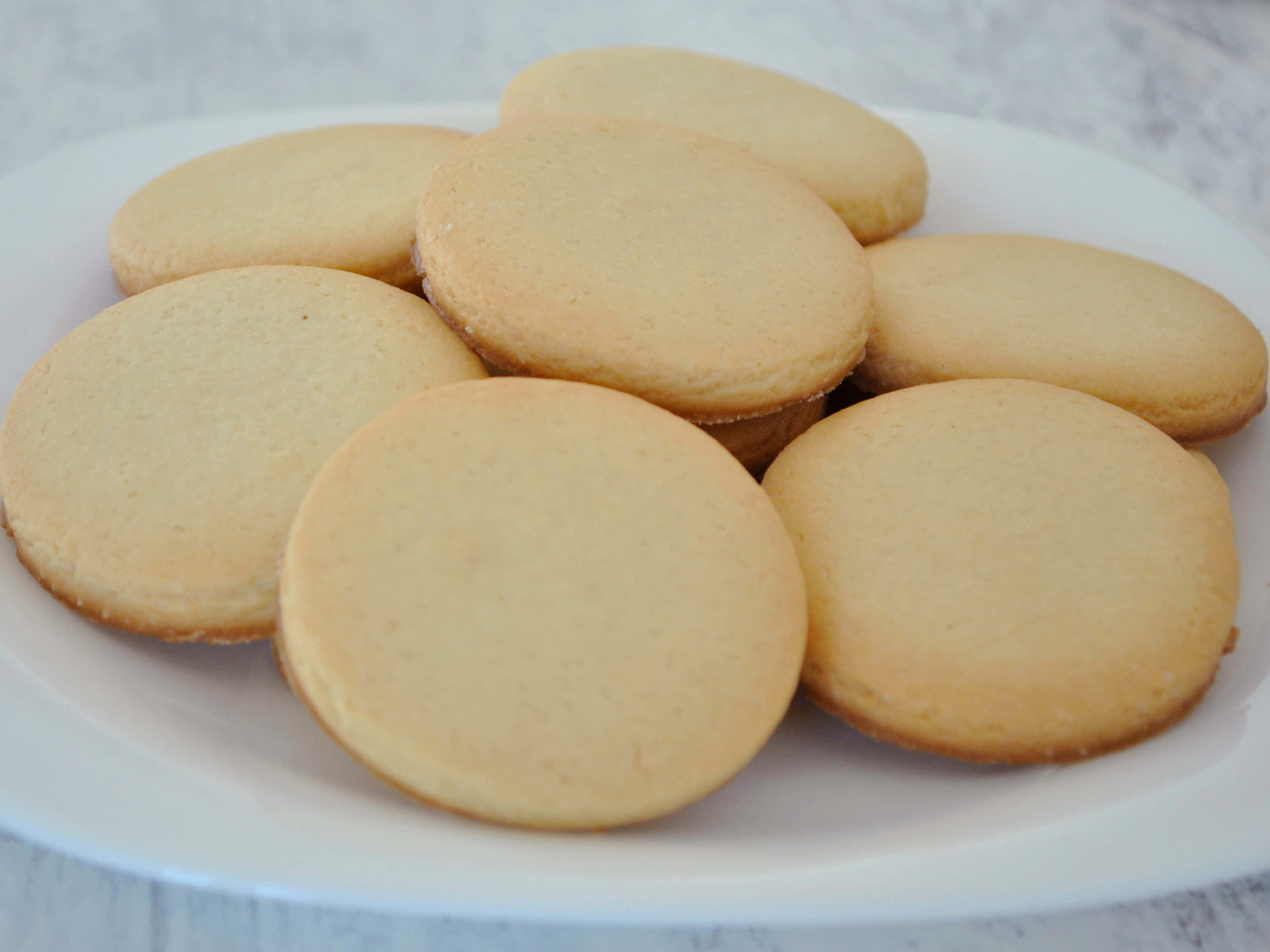 Biscuit 桌布 壁紙 — 一堆金黃色的圓形奶油酥餅放在白色盤子上，背景是柔和的灰色大理石，令人垂涎。
