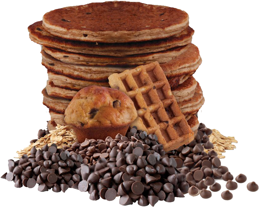 Pancakes 桌布 壁紙 — 一堆金黃色的煎餅配巧克力豆，周圍有鬆餅和一堆巧克力豆和燕麥。