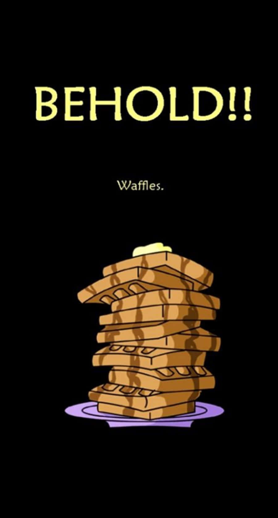 Waffle 桌布 壁紙 — 一堆金黃色的鬆餅疊起，上面有奶油，放在紫色盤子上，黑色背景上有粗體黃色文字。
