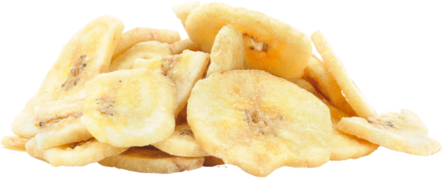Snack 桌布 壁紙 — 一堆金黃酥脆的香蕉片，帶有可見的種子和天然質感，放在乾淨的白色背景上。