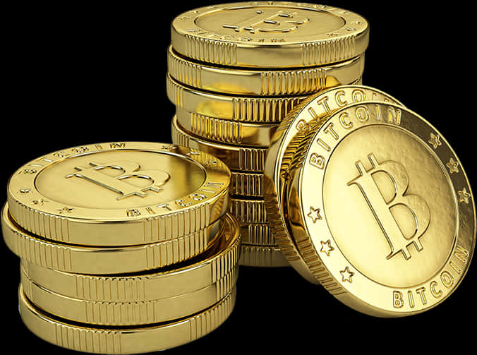 比特幣 桌布 壁紙 — 一堆閃閃發光的金色比特幣，上面有浮雕的「B」標誌，背景是純黑色。