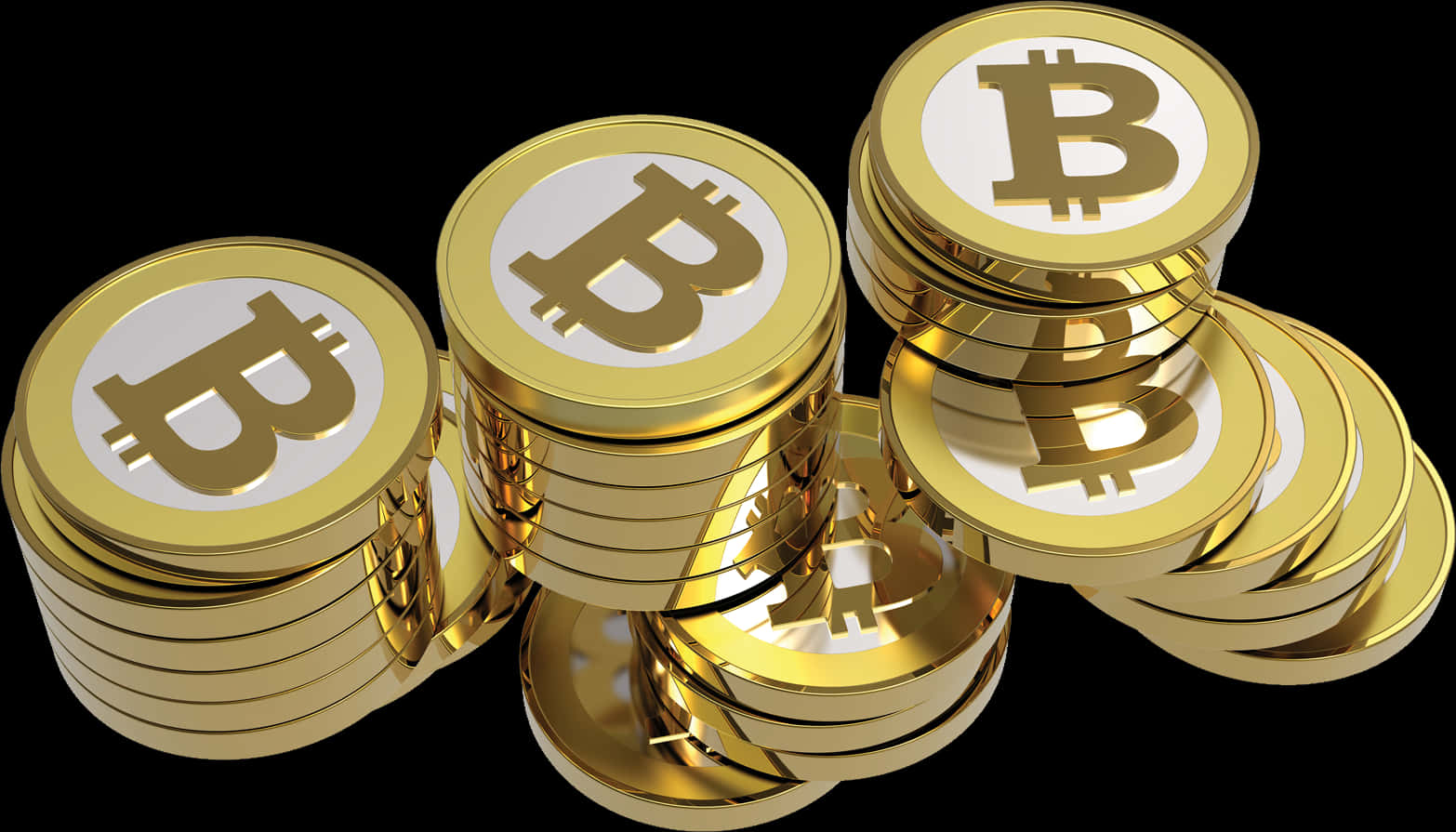 比特幣 桌布 壁紙 — 一堆閃閃發光的金色比特幣，帶有粗體「B」符號，在純黑背景上動態排列。