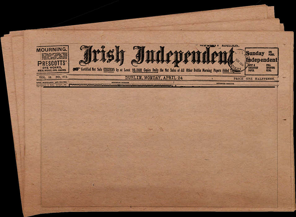Newspaper 桌布 壁紙 — 一堆陳舊的Irish Independent報紙頁面，帶有粗體黑色標題和泛黃的紙張，背景為深色。