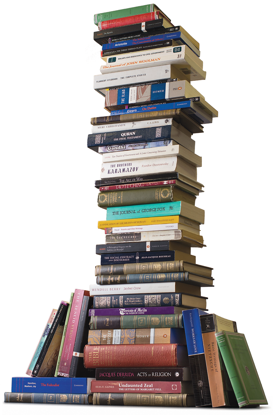 Library 桌布 壁紙 — 一堆高聳且不穩定的多樣書籍，書名清晰可見，書脊色彩繽紛，背景為純色。