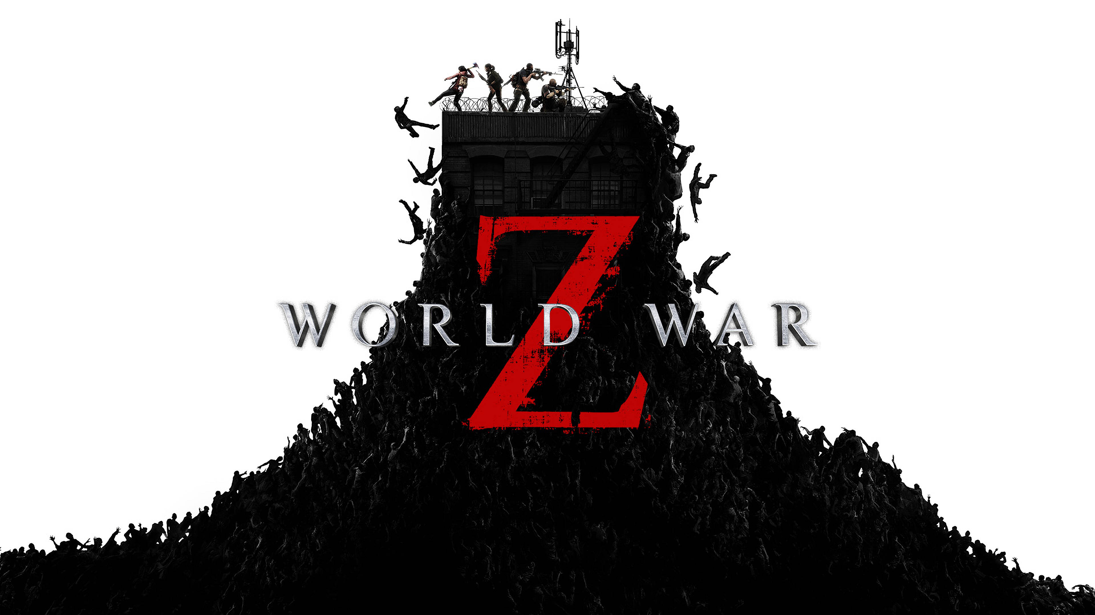world war z 4K 桌布 壁紙 — 一堆高聳的殭屍剪影從建築物屋頂湧出，帶有粗體紅色Z和World War文字。