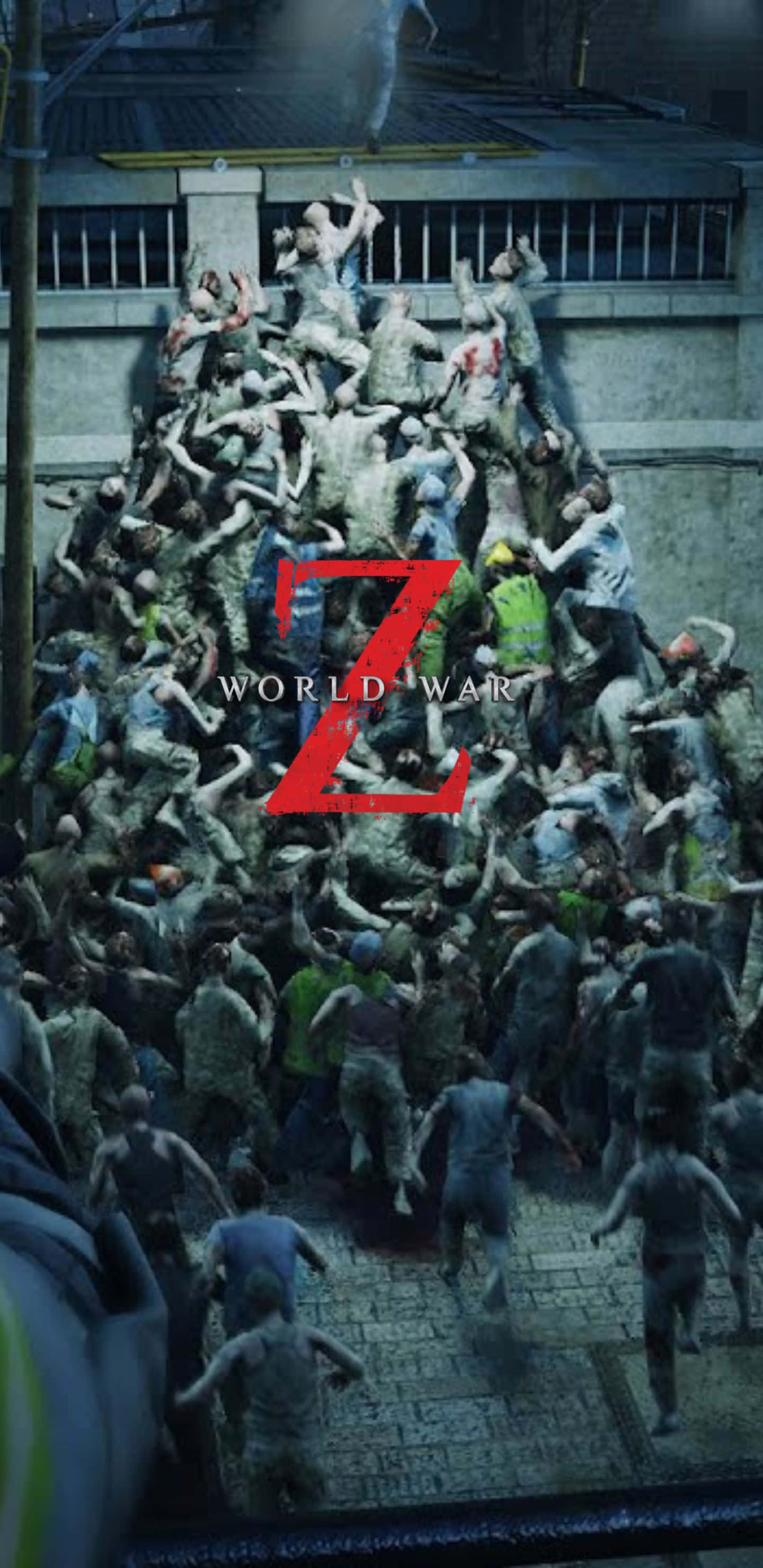 Pixel 3xl World War Z 桌布 壁紙 — 一堆高聳的殭屍湧過城市街道，更多蹣跚的身影在陰沉天空下衝向觀眾。