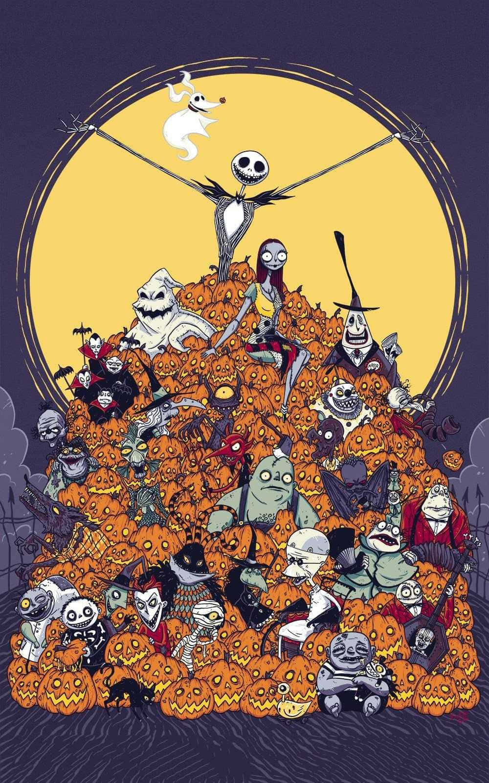 Nightmare Before Christmas Phone 桌布 壁紙 — 一堆高聳的萬聖節角色，包括傑克·斯凱林頓和莎莉，在滿月下被發光的南瓜燈包圍。