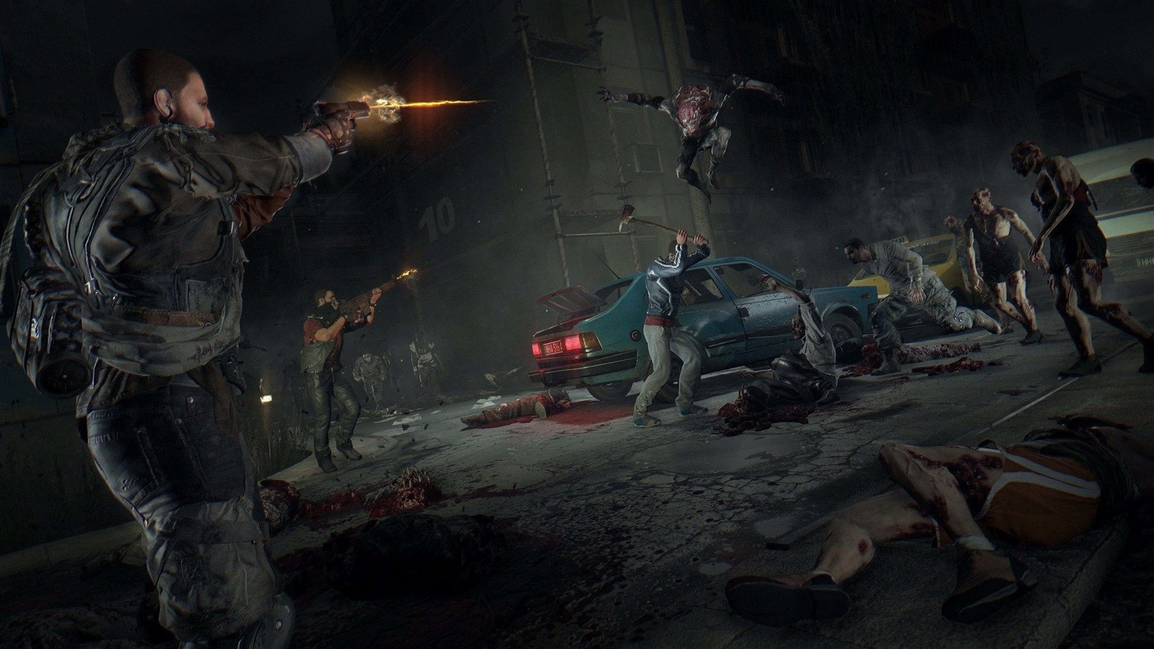 Dying Light 4K 桌布 壁紙 — 一場 gritty 的夜間城市街頭戰鬥，武裝倖存者在翻倒的汽車和血淋淋的屍體中對抗成群殭屍。