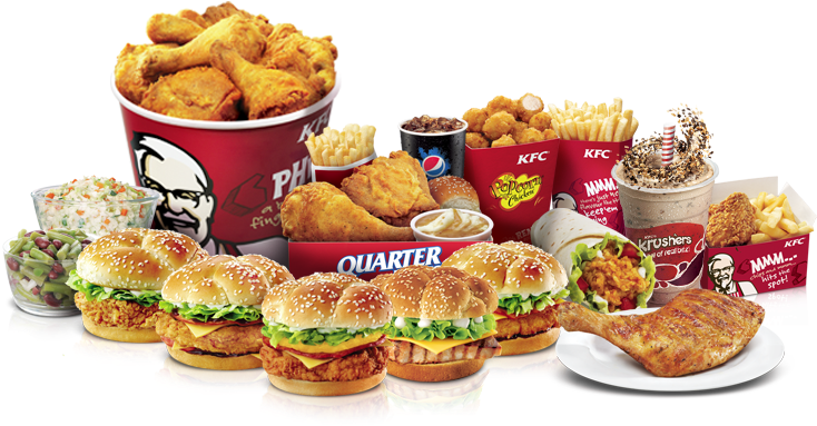 肯德基 桌布 壁紙 — 一場充滿活力的KFC美食盛宴，包括桶裝炸雞、漢堡、薯條和飲品，排列得令人食慾大增。