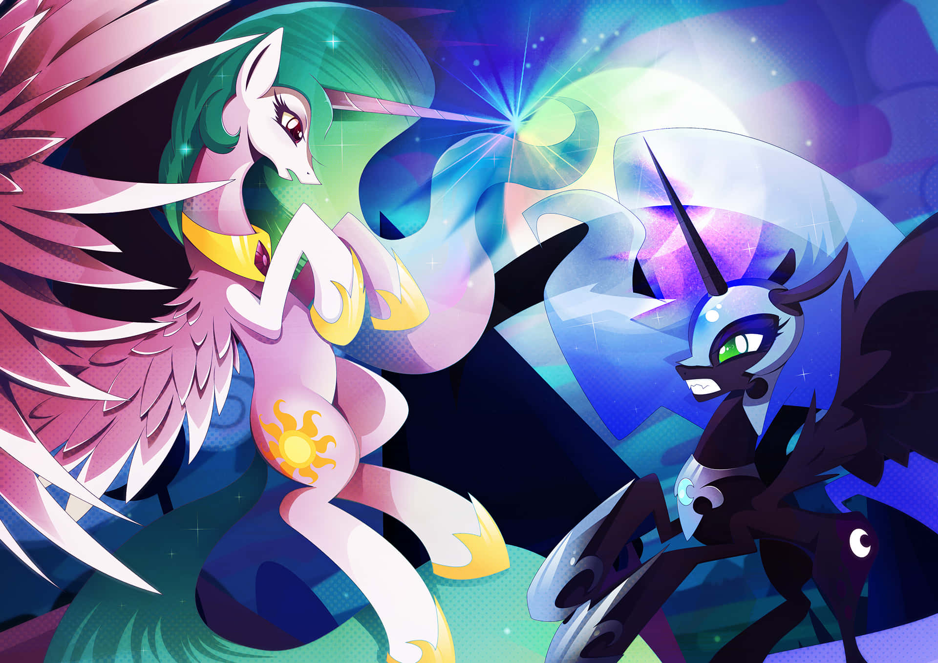 Nightmare Moon 桌布 壁紙 — 一場充滿活力的動漫風格戰鬥，在發光的宇宙能量中，粉紅翅膀的獨角獸與黑暗有角小馬對決。