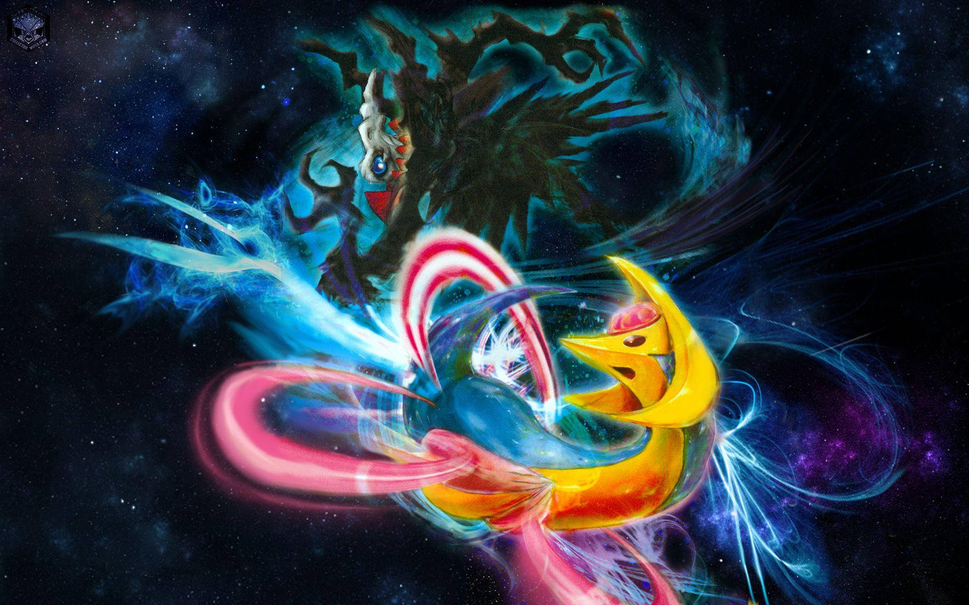 寶可夢 桌布 壁紙 — 一場充滿活力的宇宙戰鬥展開，發光的黃色巨龍與黑暗的樹狀實體在繁星點點的星雲背景下碰撞。