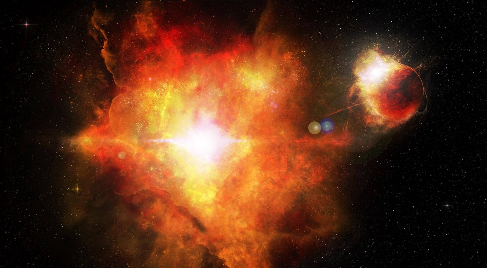 Orange And Yellow 桌布 壁紙 — 一場充滿活力的宇宙爆炸，在佈滿星星的黑色虛空中散發出熾熱的橙色和黃色光芒，並伴隨著發光的星雲和遙遠的行星。