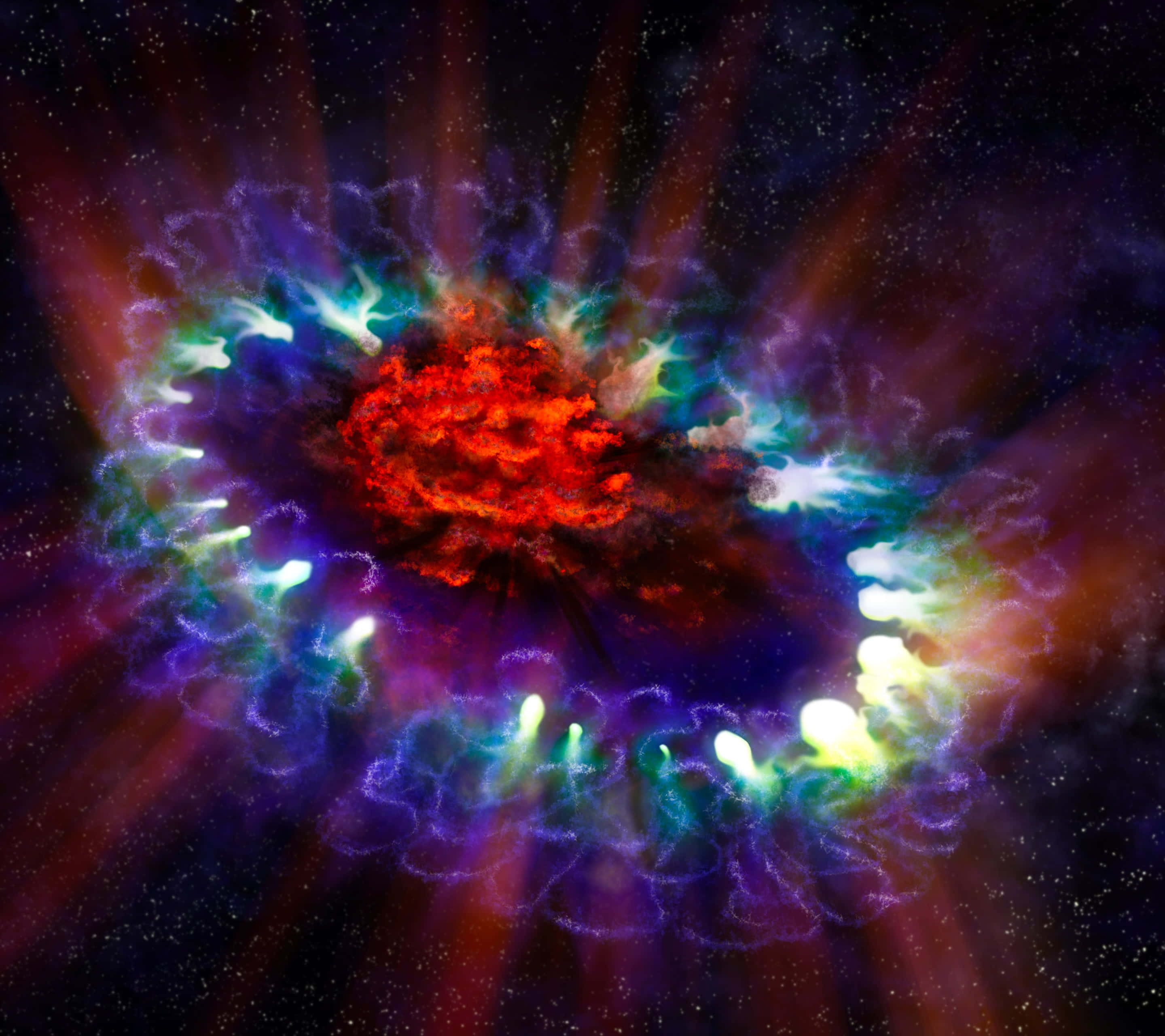 Supernova Explosion 桌布 壁紙 — 一場充滿活力的宇宙爆炸在佈滿星星的黑色虛空中散發出火紅和電藍色的能量。