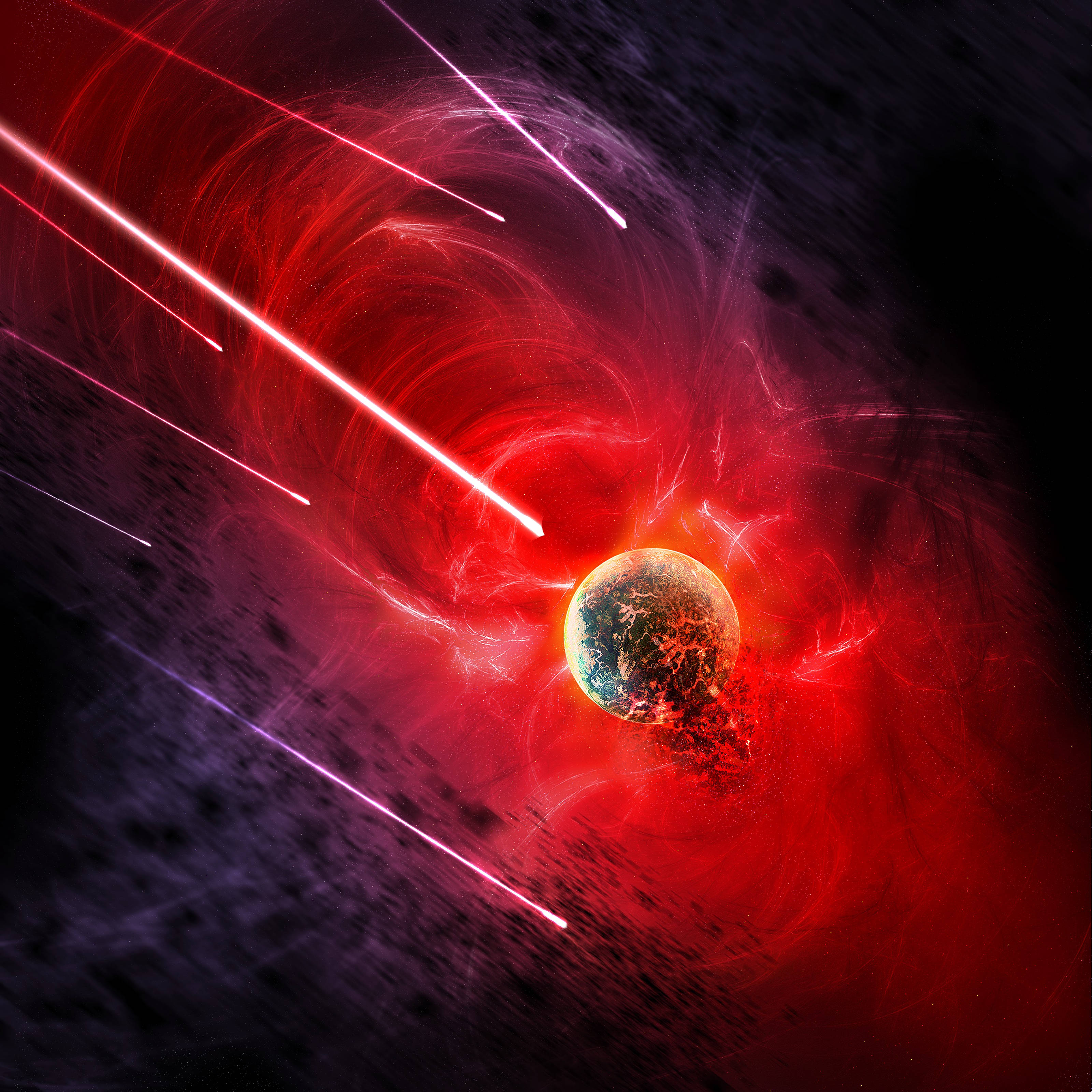 外太空 桌布 壁紙 — 一場充滿活力的紅色宇宙風暴圍繞著一顆發光的行星旋轉，光線劃破黑暗的太空。