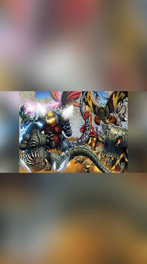 Godzilla Comic 桌布 壁紙 — 一場動態的動漫風格戰鬥場景，哥吉拉與多個怪獸在熾熱混亂的環境中激烈衝突。