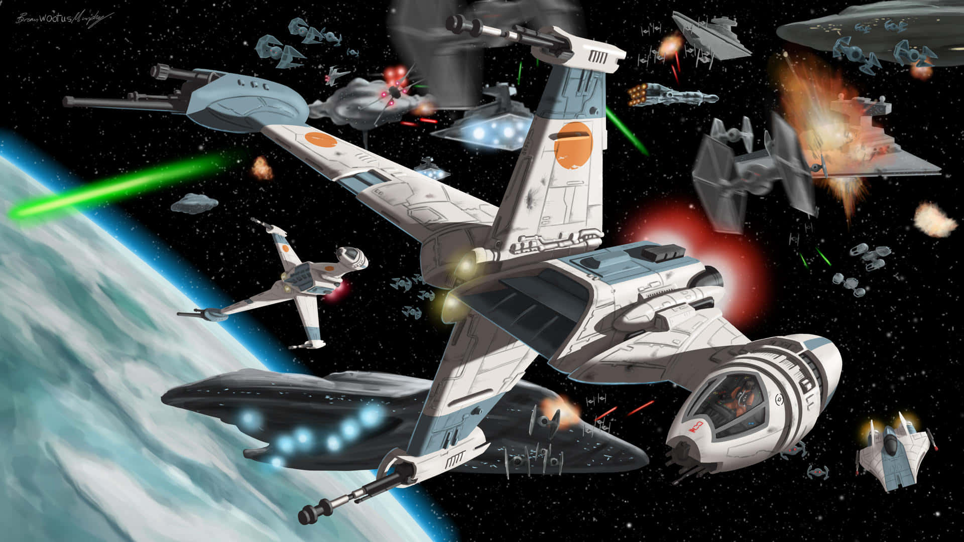 The Battle Of Endor 桌布 壁紙 — 一場動態的太空戰鬥展開，星際戰鬥機在藍色行星附近發射雷射和爆炸。