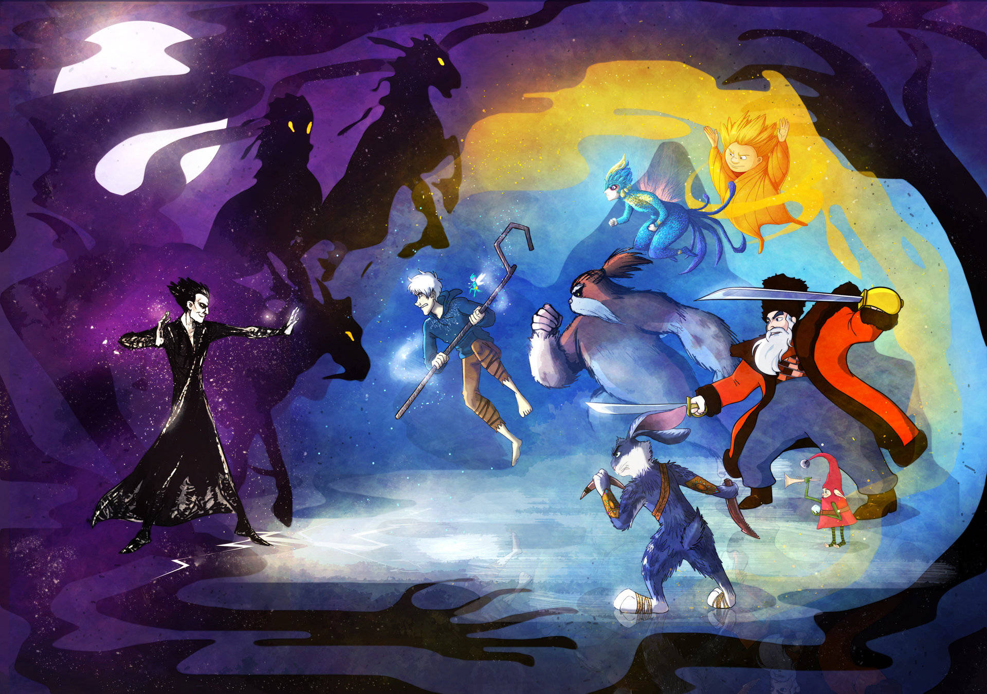 Fight 桌布 壁紙 — 一場動態的奇幻戰鬥展開，英雄們手持劍與魔法，在宇宙紫色天空下對抗陰影怪物。