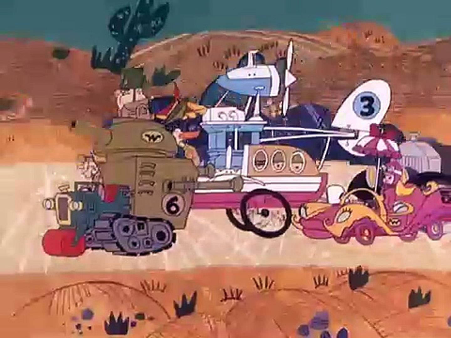 Cartoon 桌布 壁紙 — 一場卡通賽車，坦克、飛機和汽車在沙漠景觀中飛馳。