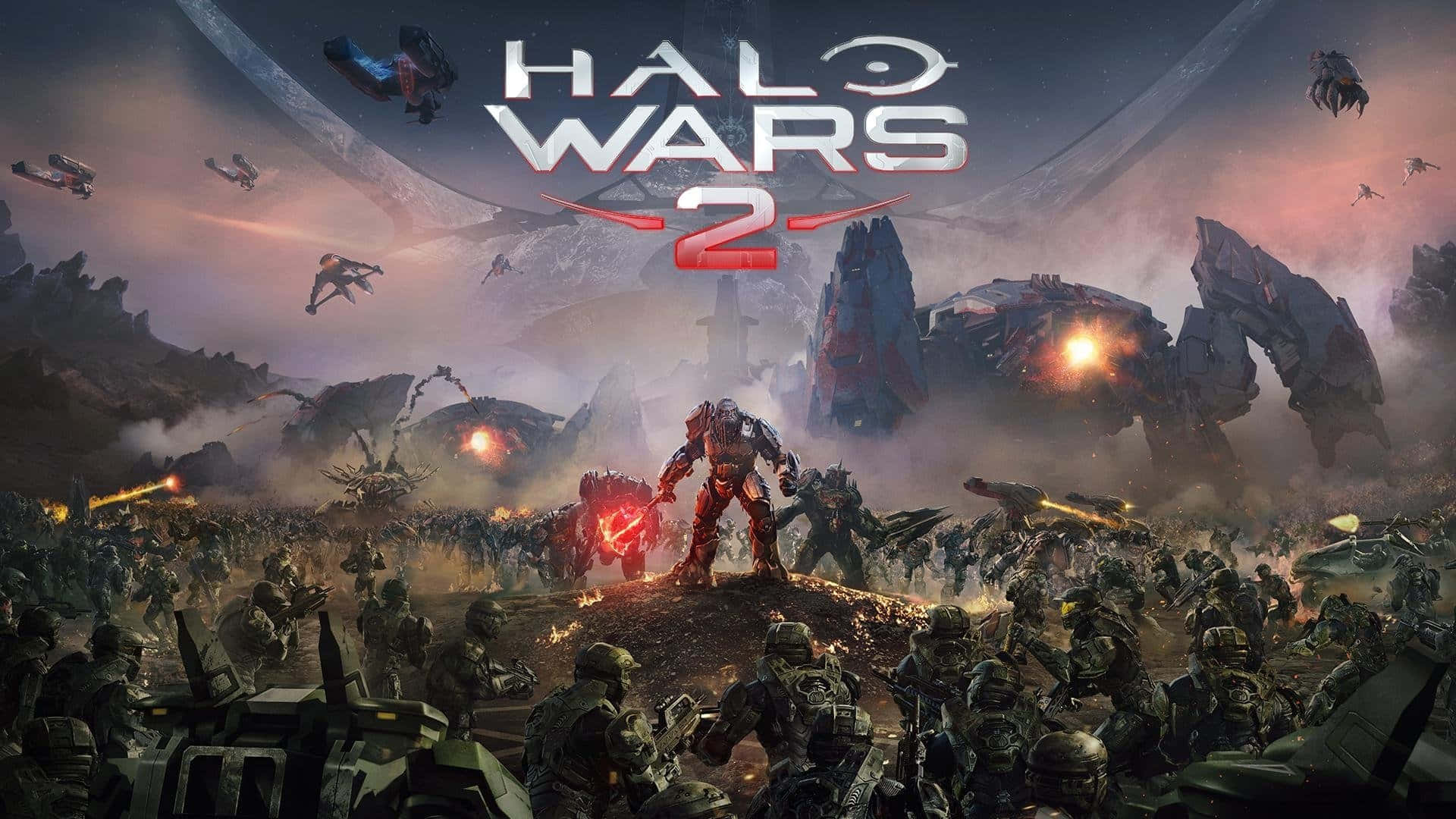 Halo Battle 桌布 壁紙 — 一場大規模戰鬥在飽受戰爭蹂躪的外星景觀中肆虐，士兵和巨型機甲在暮色天空下交戰。