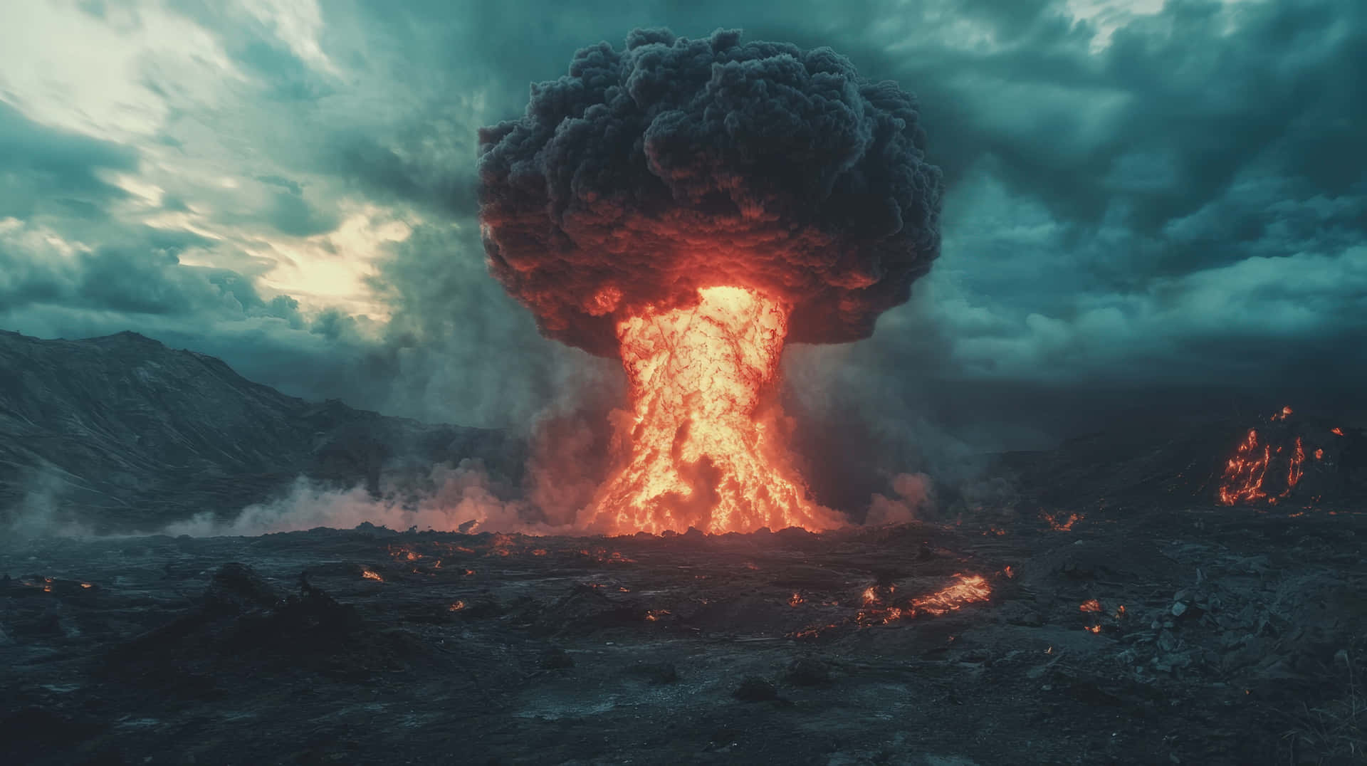 A powerful explosion erupts, sending a fiery mushroom cloud into the sky 壁紙 — 一場大規模火山爆發，將熾熱的熔岩和濃煙噴向風暴般的青綠色天空，下方是荒蕪的地貌。