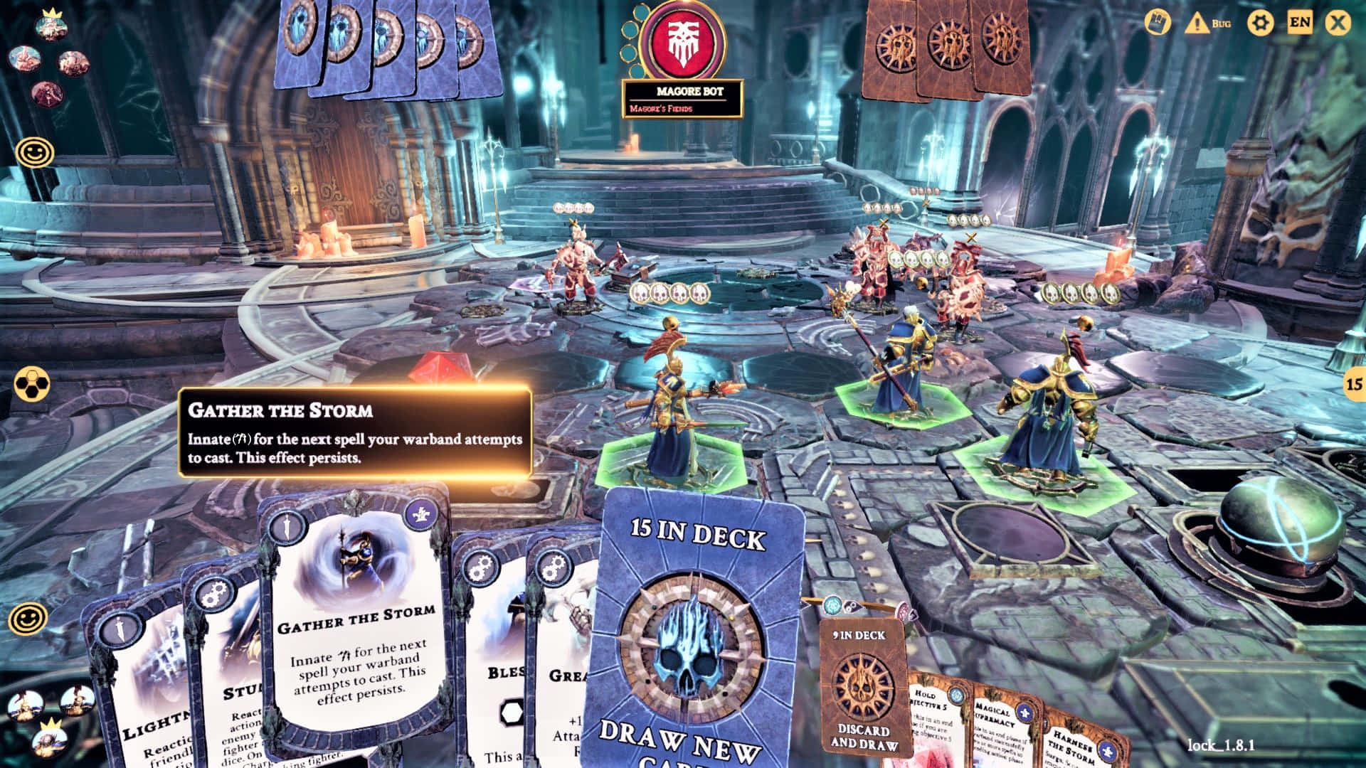 Fantasy Games 桌布 壁紙 — 一場奇幻卡牌遊戲戰鬥在宏偉的大教堂中展開，有發光的符文和身穿鎧甲的人物站在發光的平台上。