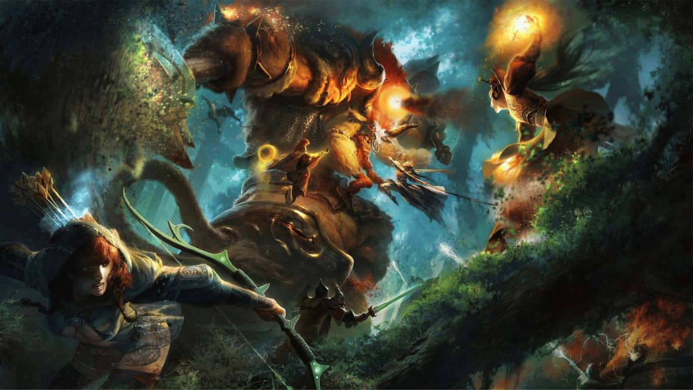 1366x768 Dota 2 桌布 壁紙 — 一場奇幻戰鬥爆發，戰士們在黑暗魔法森林中與巨大的火焰野獸交鋒。