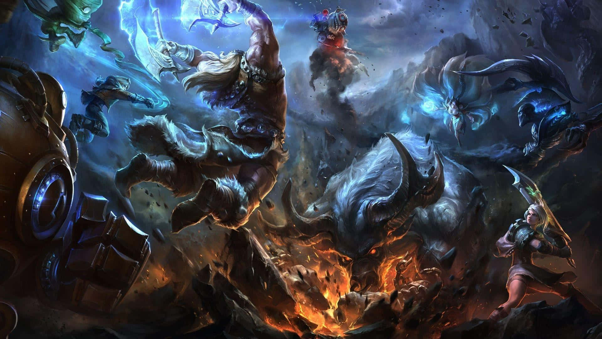 電玩遊戲 桌布 壁紙 — 一場奇幻戰鬥爆發，戰士們與神話野獸在熾熱爆炸和旋轉魔法能量中交鋒。