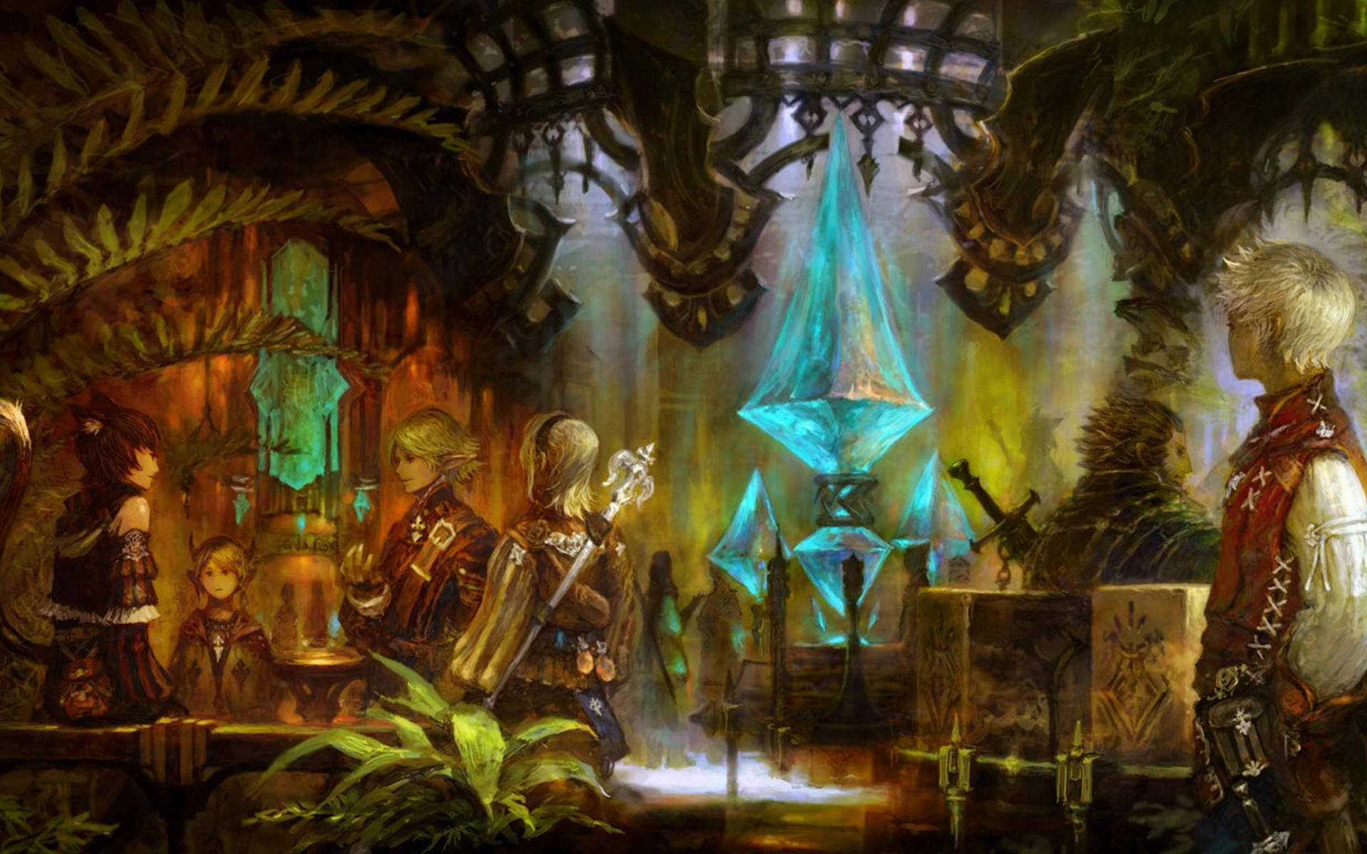 Ffxiv 桌布 壁紙 — 一場奇幻派對聚集在一個燈光昏暗的洞穴式大廳中，以一個發光的藍色水晶基座為中心。