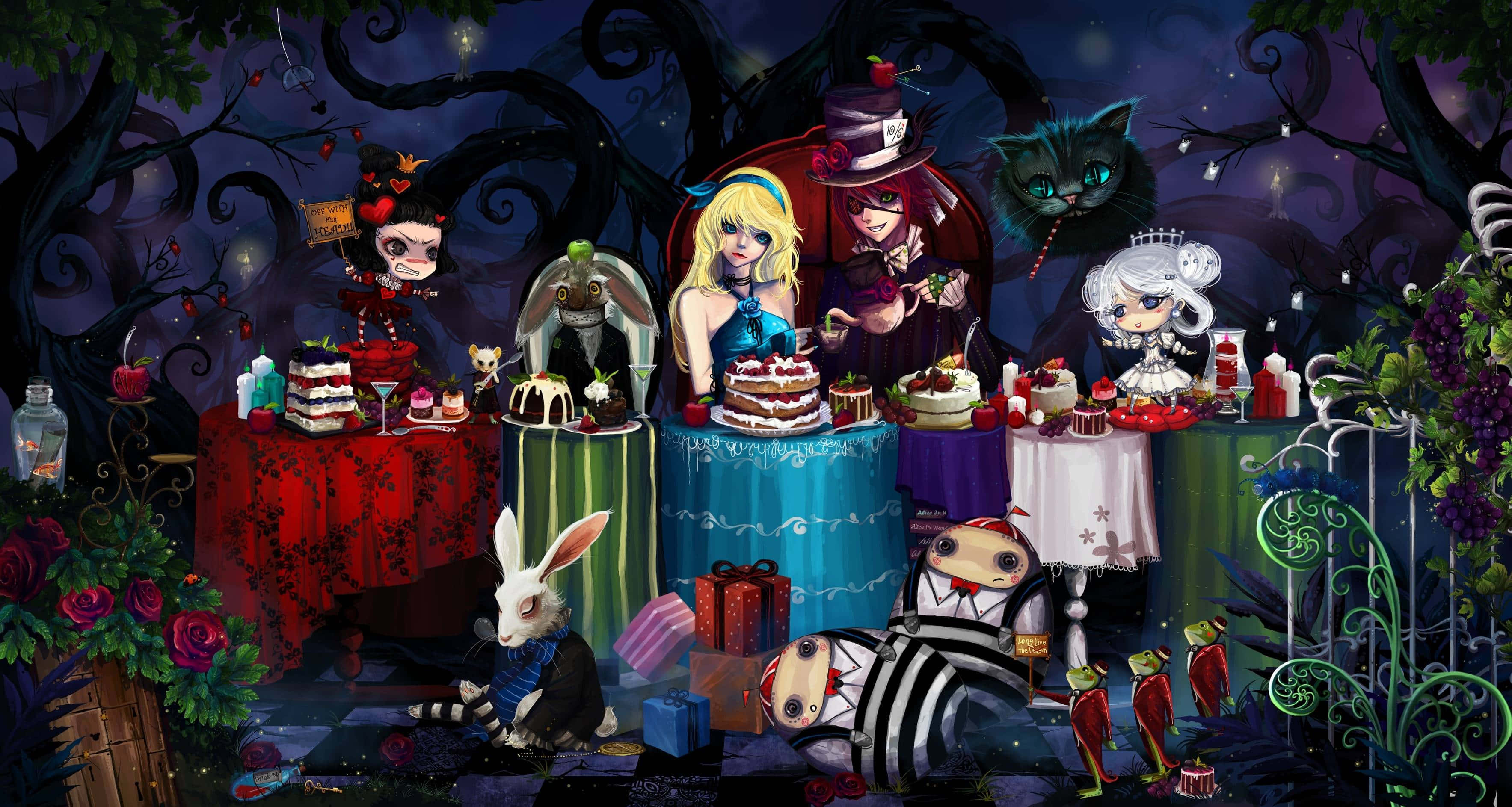 Alice Wonderland Aesthetic 桌布 壁紙 — 一場奇幻的黑暗童話茶會，古怪的角色在扭曲的樹下，掛著發光的燈籠。