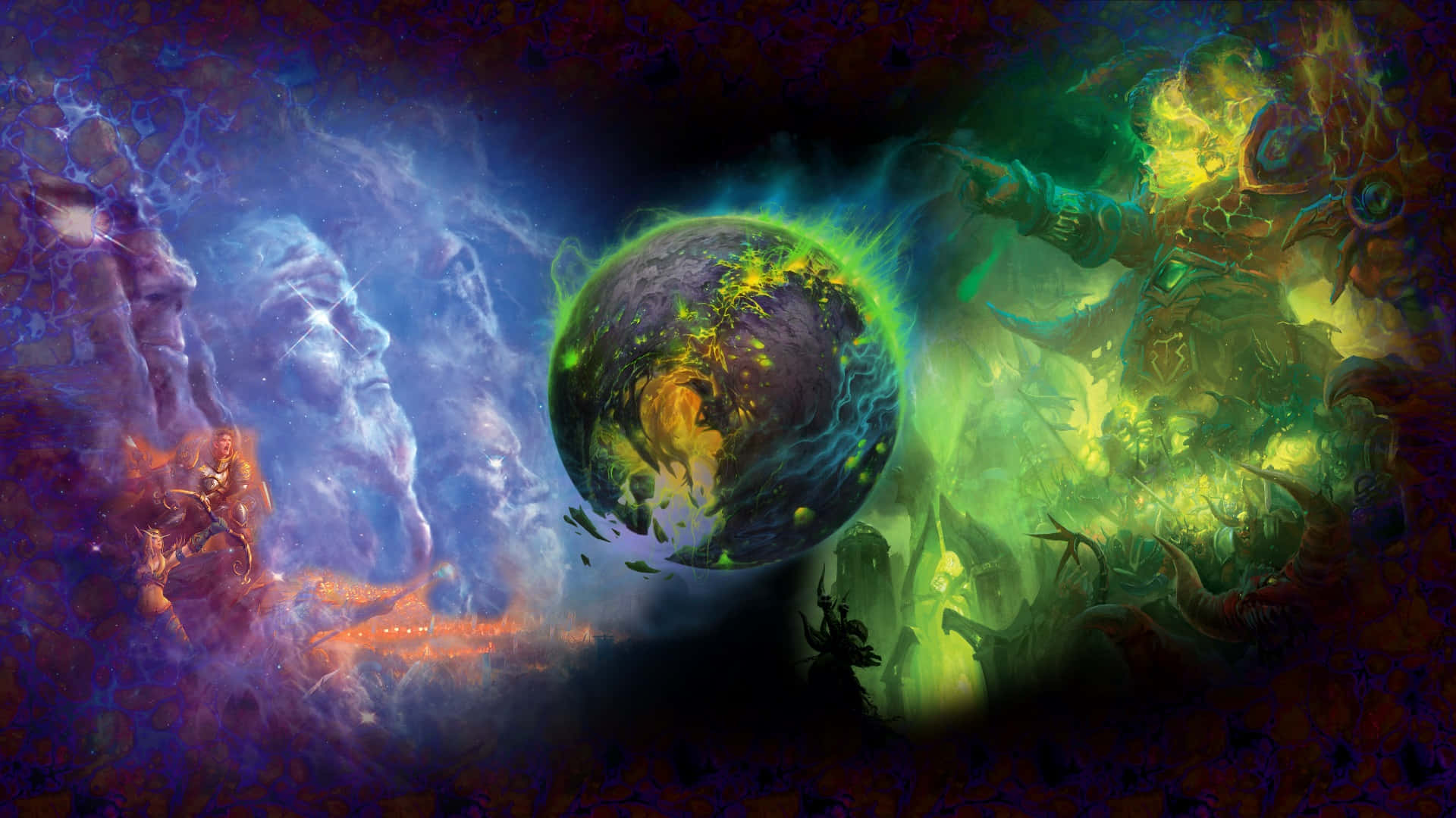 魔獸世界 桌布 壁紙 — 一場宇宙大戰正在激烈進行，一顆發光的行星被藍色空靈身影和綠色惡魔實體夾擊，周圍環繞著旋轉的星雲。